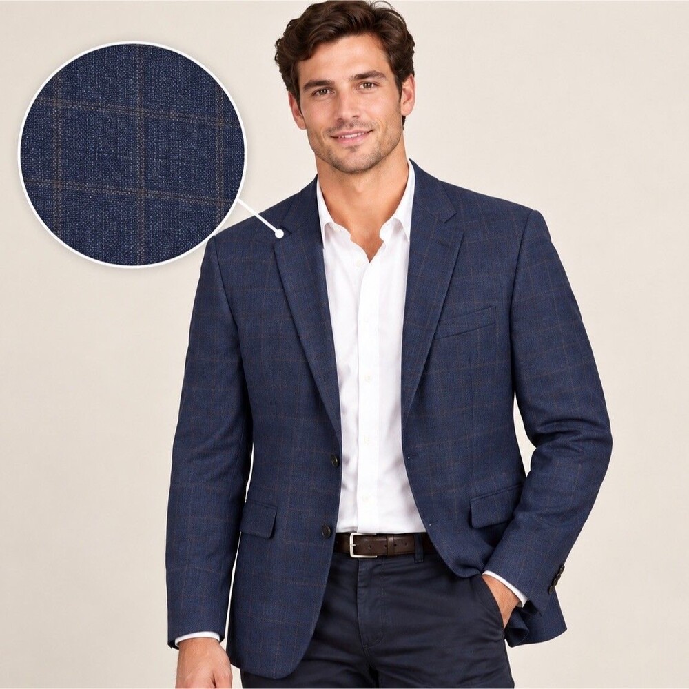 Jos A Bank Reserve 42R Navy Windowpane Plaid Silk Wool Sport Coat Blazer
